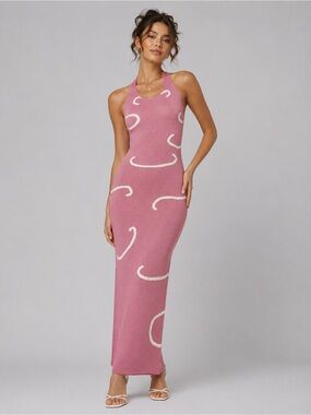 Boohoo Pink Halter Knit Midi with Cream Swirl Accents